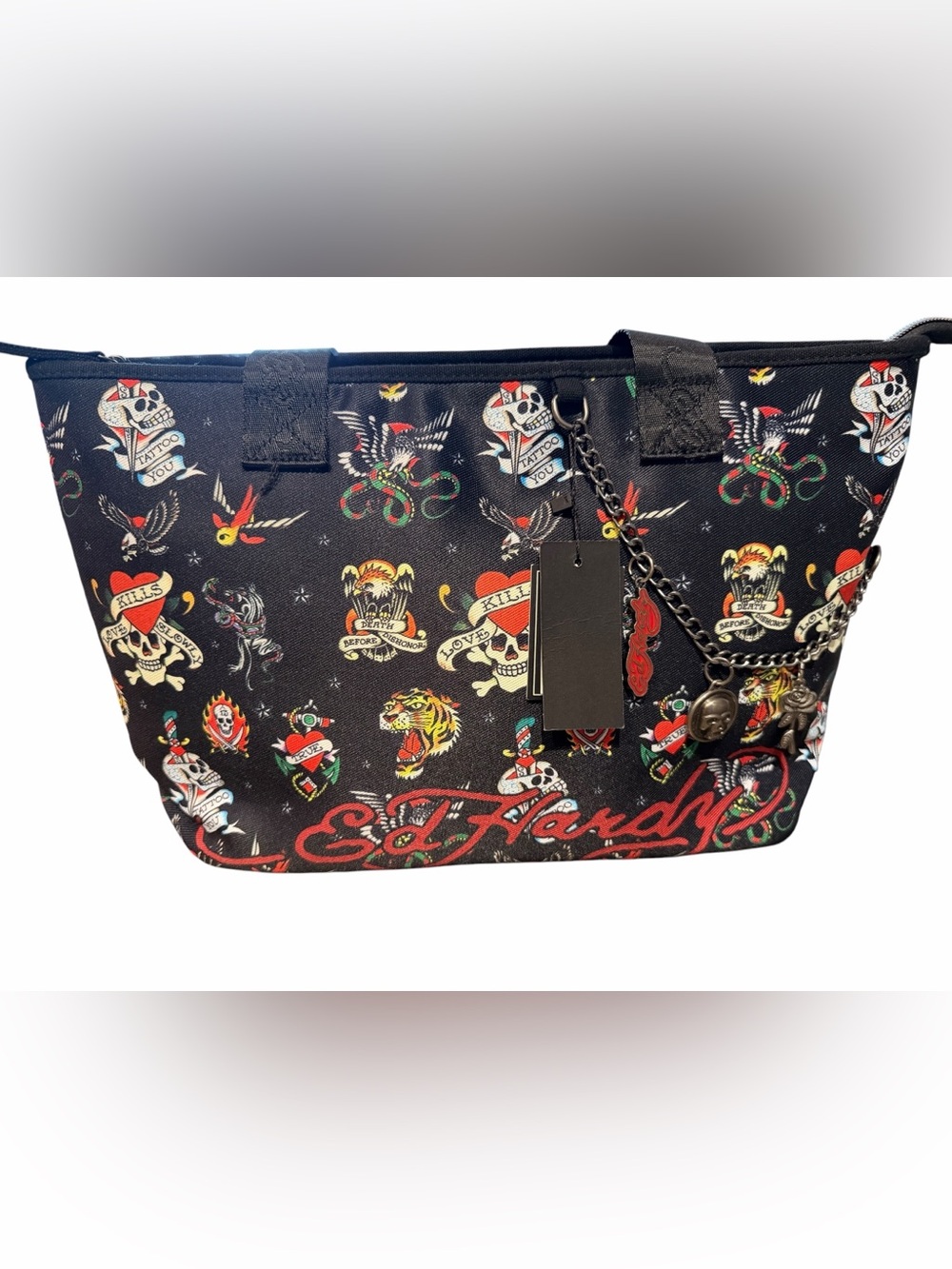 Ed Hardy Black Tote with Multicolor Tattoo Motifs